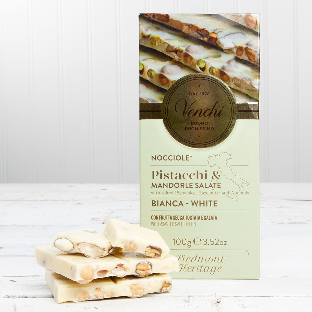 Venchi Chocolate White Bar with Salted Pistachios and Nuts