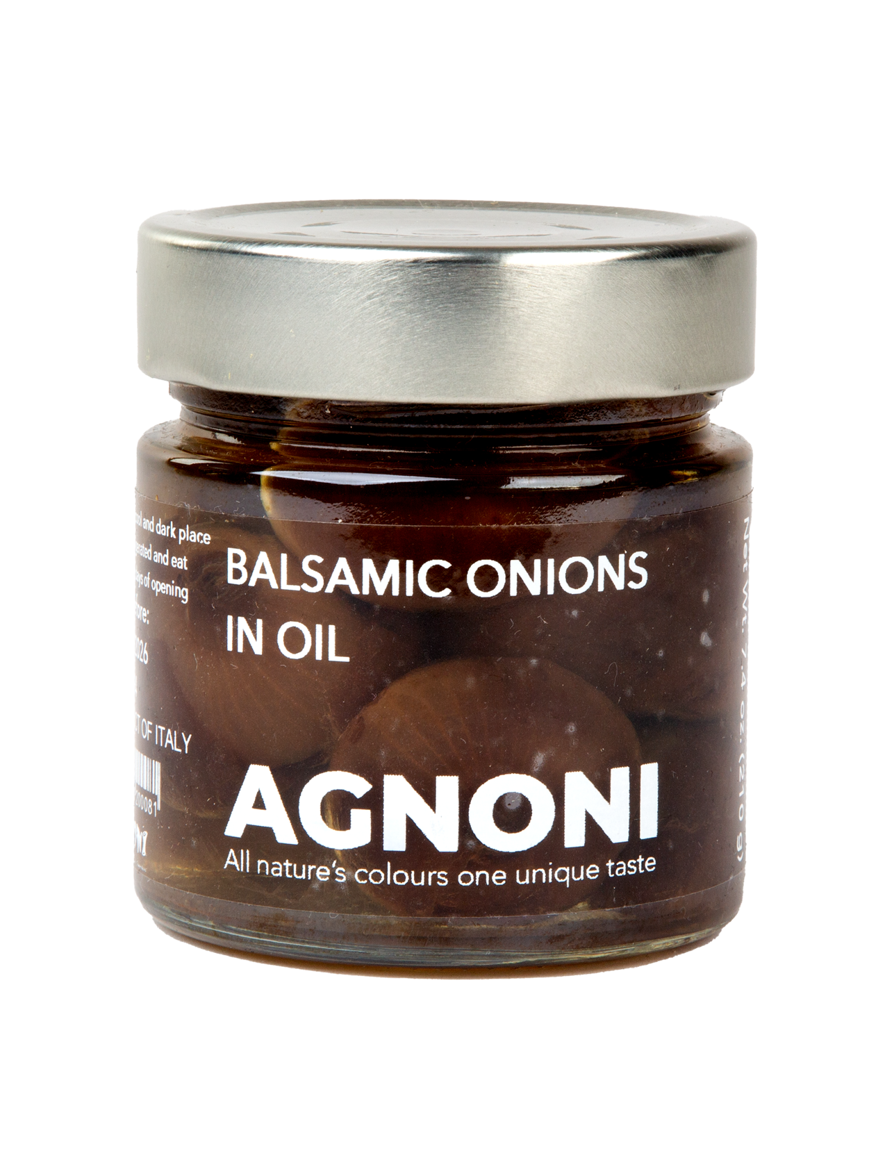 Jar of Agnoni balsamic onions in oil on a white background
