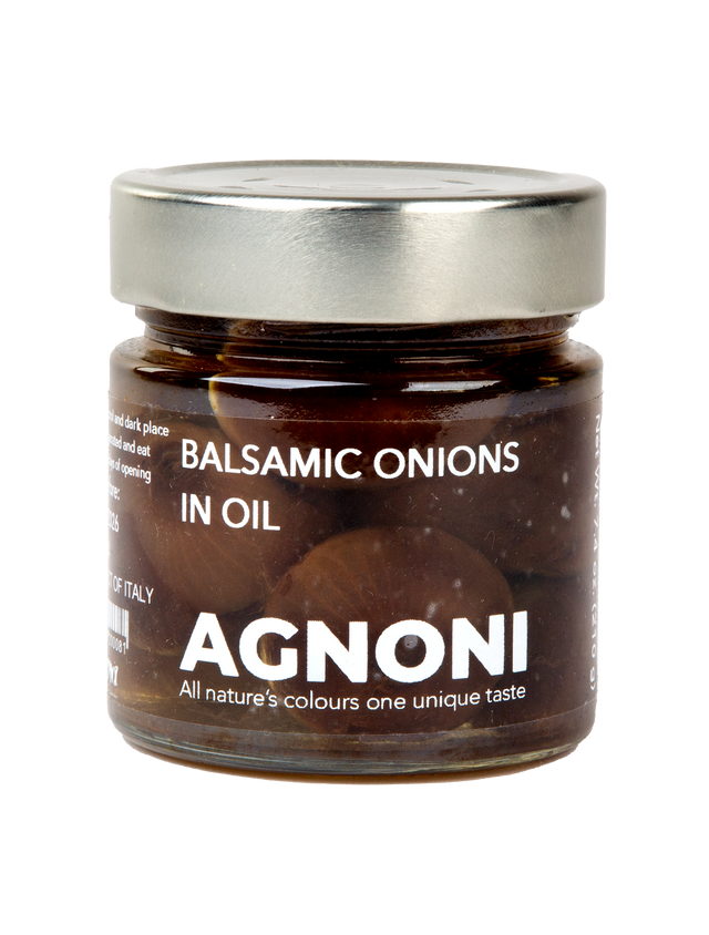 Jar of Agnoni balsamic onions in oil on a white background