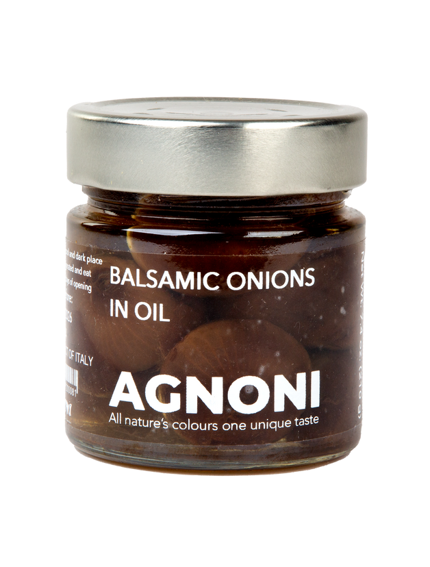 Jar of Agnoni balsamic onions in oil on a white background