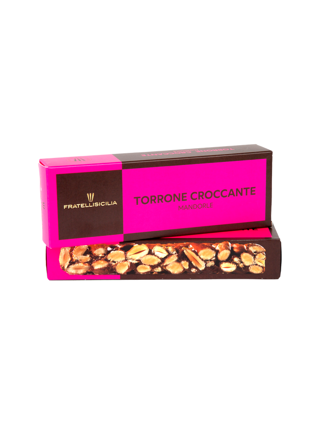 Fratelli Sicilia Torrone Croccante Mandorle box with pink and brown design on a white background