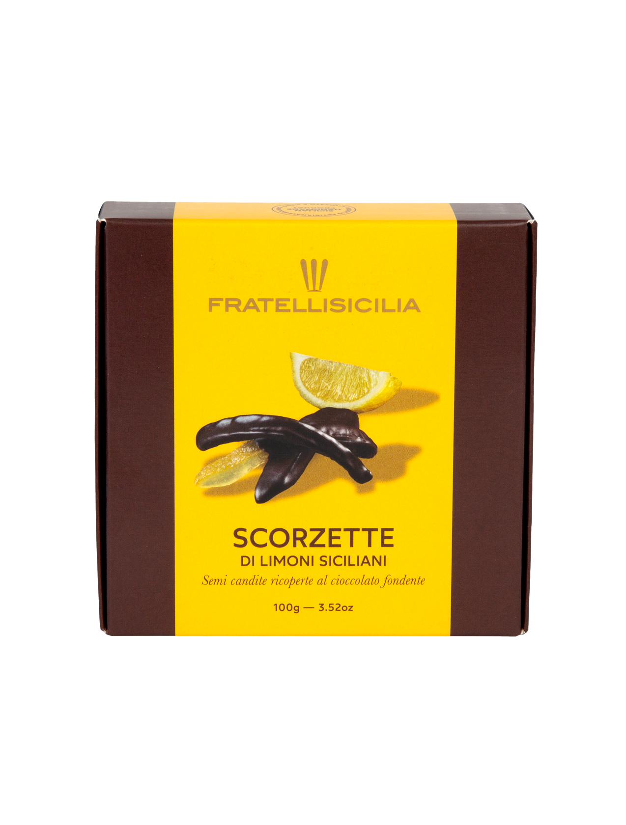 Fratelli Sicilia Chocolate Covered Lemon Peels "Scorzette" packaging with a yellow label and chocolate product on a white background
