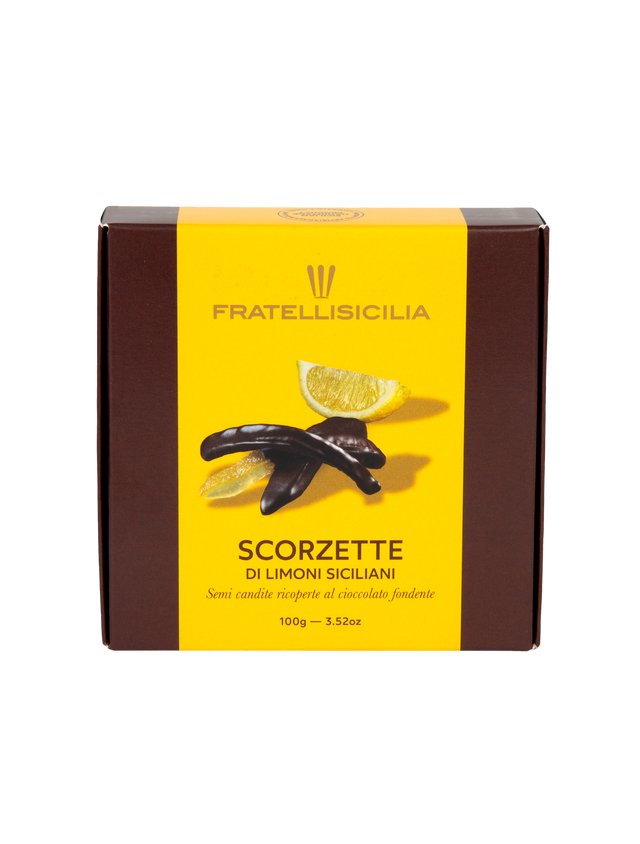 Fratelli Sicilia Chocolate Covered Lemon Peels "Scorzette" packaging with a yellow label and chocolate product on a white background