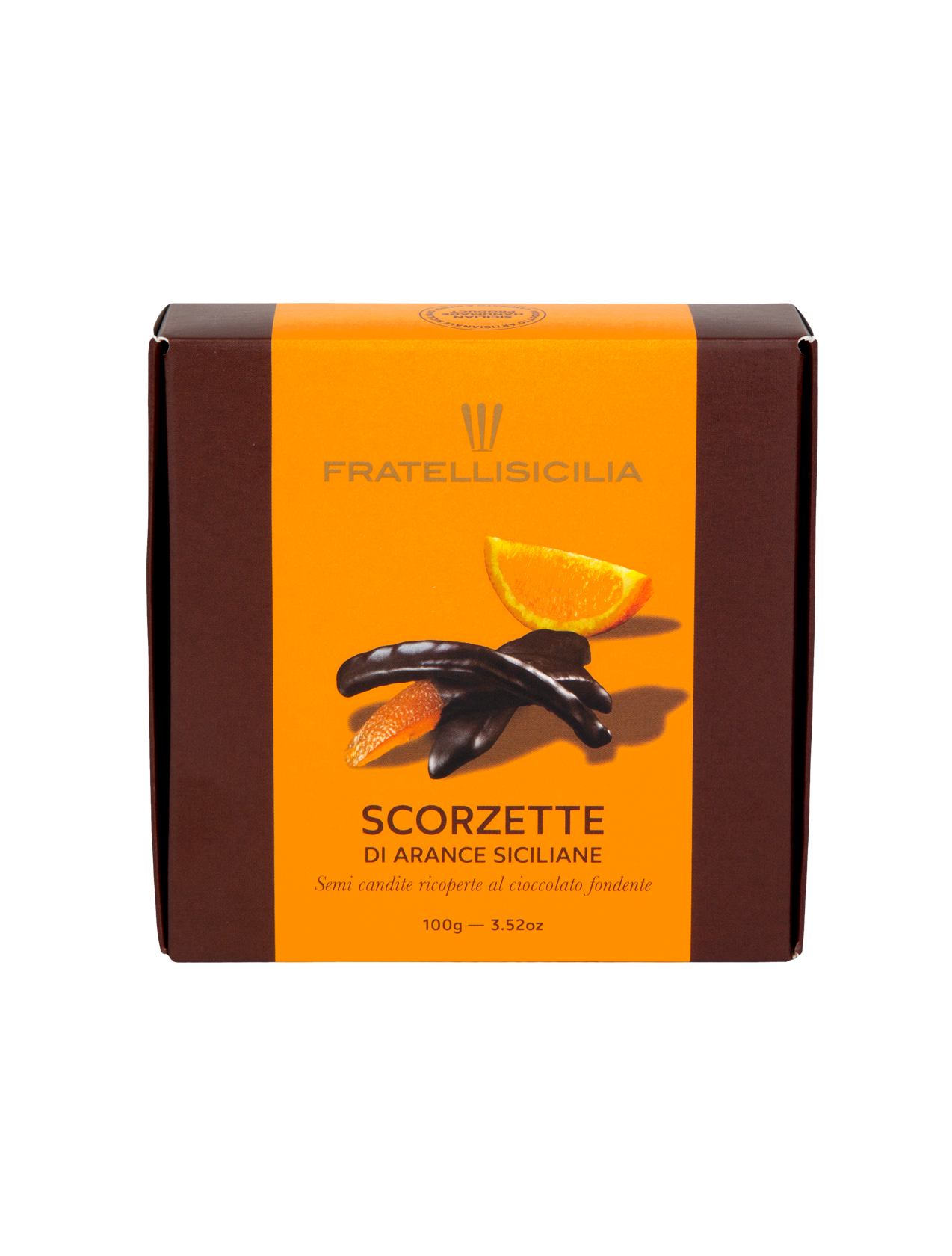 Fratelli Sicilia chocolate packaging with orange and dark chocolate design on a white background