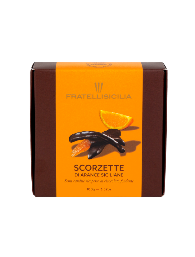 Fratelli Sicilia chocolate packaging with orange and dark chocolate design on a white background
