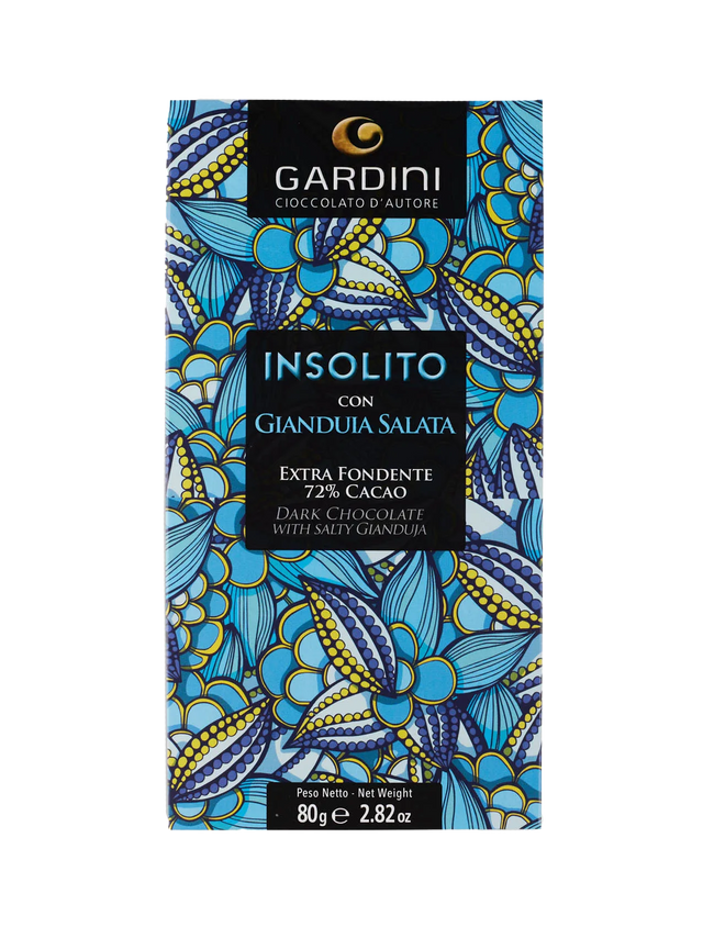 Gardini Insolito Dark chocolate bar with Salty gianduia packaging with blue and yellow floral design