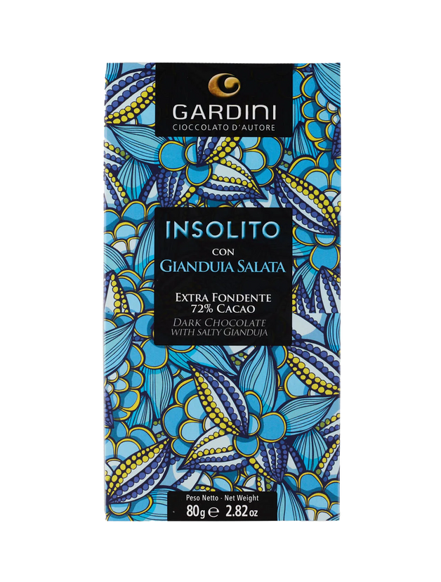 Gardini Insolito Dark chocolate bar with Salty gianduia packaging with blue and yellow floral design