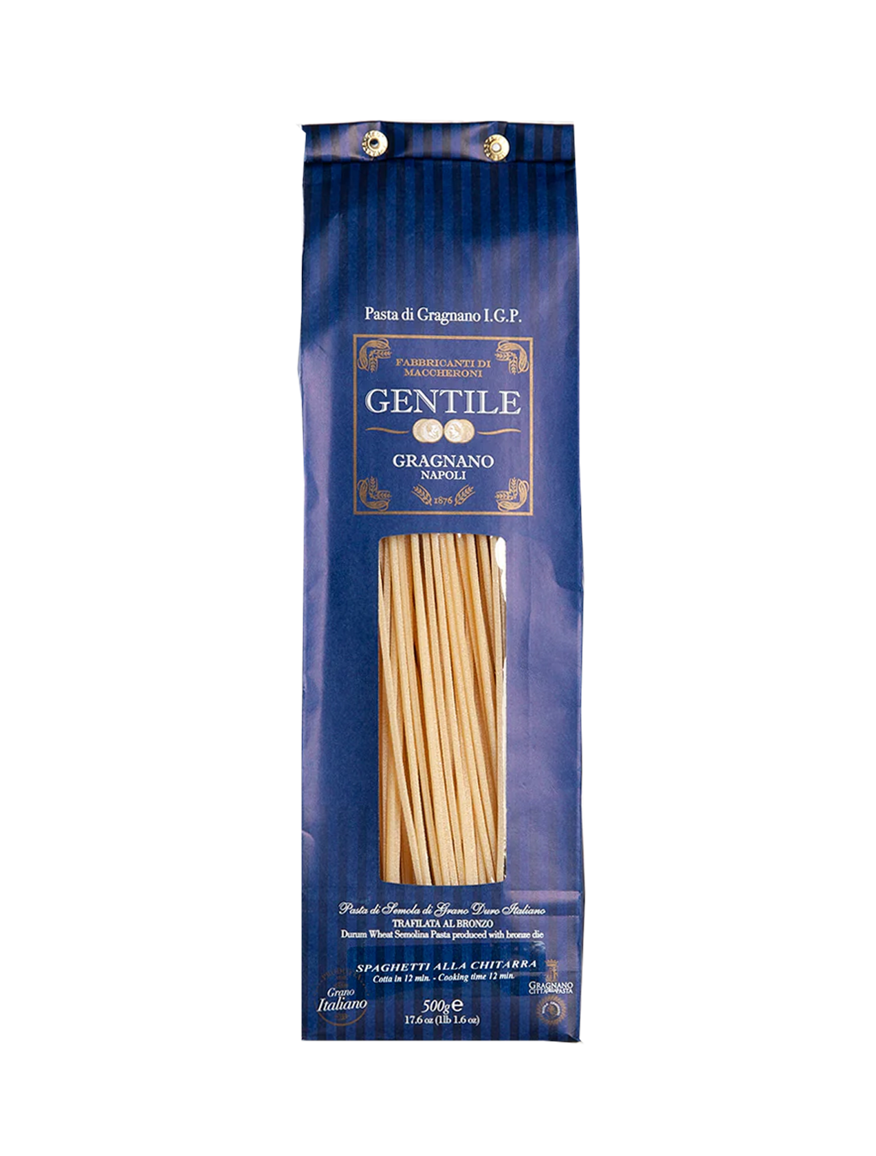 Packaged Gentile Pasta di Gragnano IGP - Spaghetti all Chitarra in a clear plastic bag with a blue and gold label, branded as 'Gentile' with the name 'Chitarra di Gragnano' and indicating the product is an IGP.