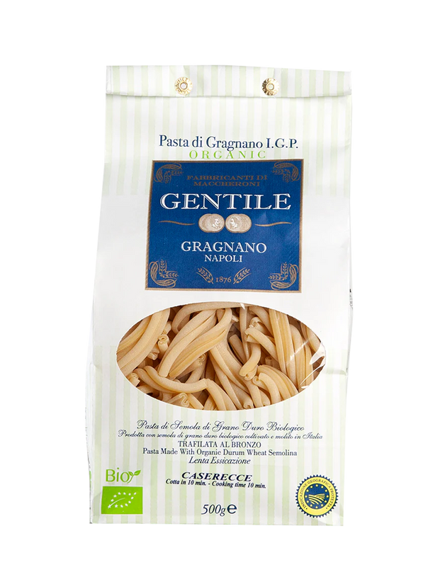 Packaging of Gentile Pasta di Gragnano IGP - Casarecce showing the pasta through a transparent window, with branding and product information.