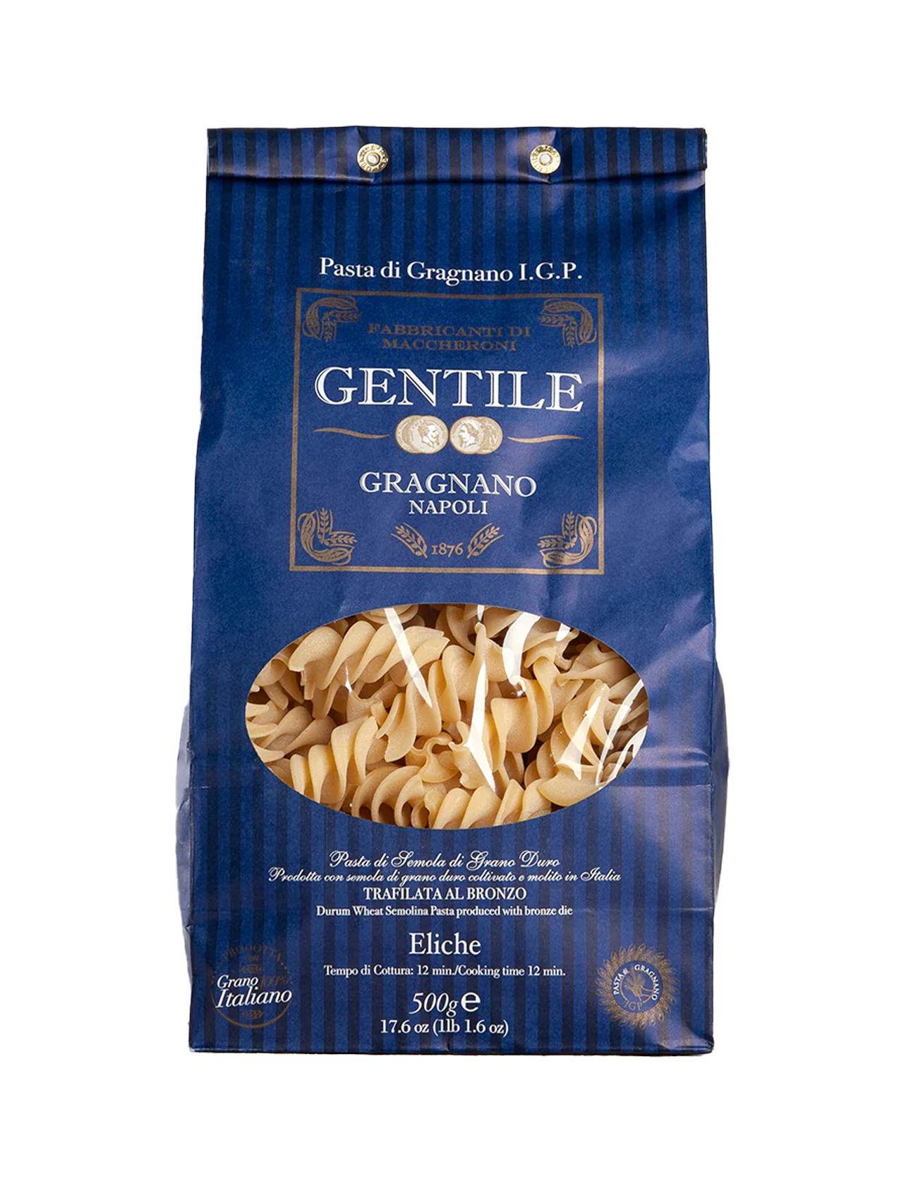 Packaging of Gentile Pasta di Gragnano IGP - Eliche showing the pasta inside a transparent window, with a blue and gold design indicating it is a product of Campania region.