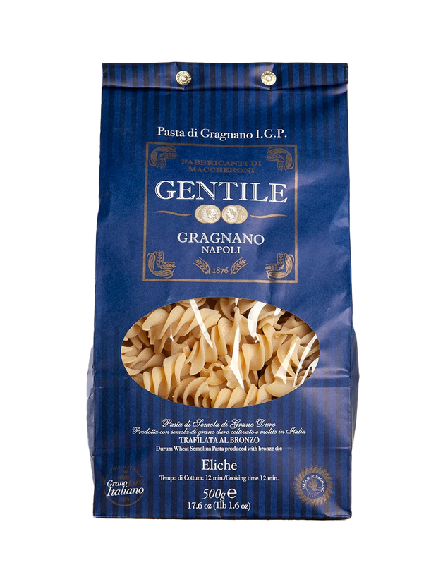 Packaging of Gentile Pasta di Gragnano IGP - Eliche showing the pasta inside a transparent window, with a blue and gold design indicating it is a product of Campania region.