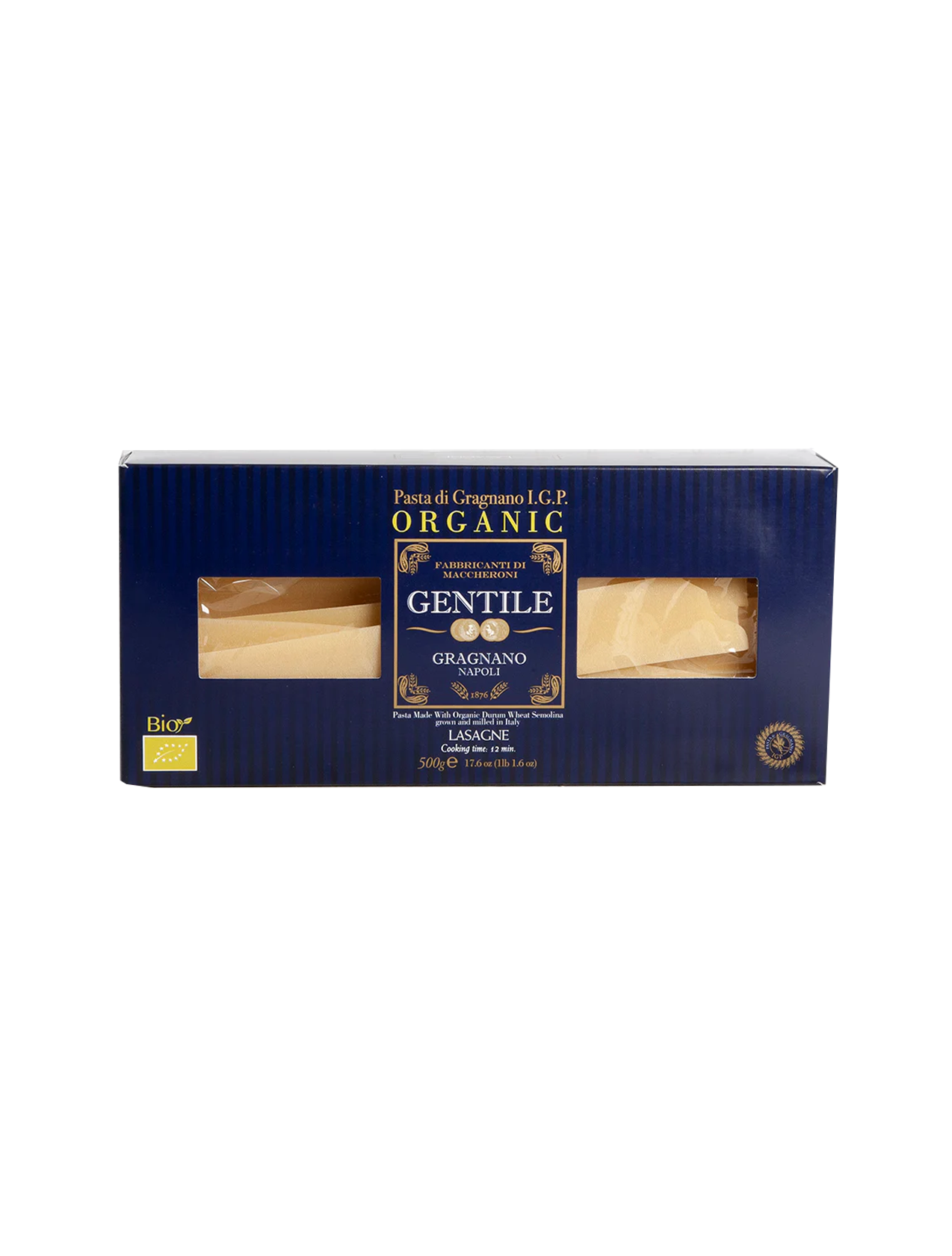 Packaging of Gentile Pasta di Gragnano IGP - Lasagne pasta showing the product and brand name, with a blue background.
