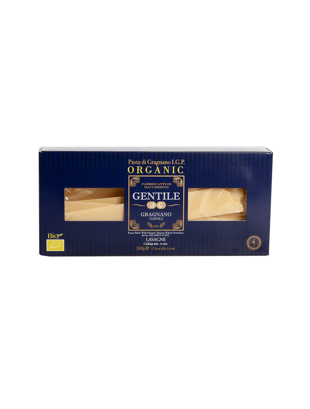 Packaging of Gentile Pasta di Gragnano IGP - Lasagne pasta showing the product and brand name, with a blue background.