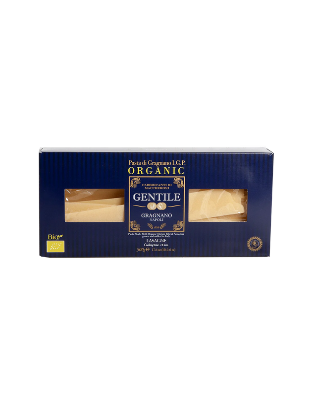 Packaging of Gentile Pasta di Gragnano IGP - Lasagne pasta showing the product and brand name, with a blue background.