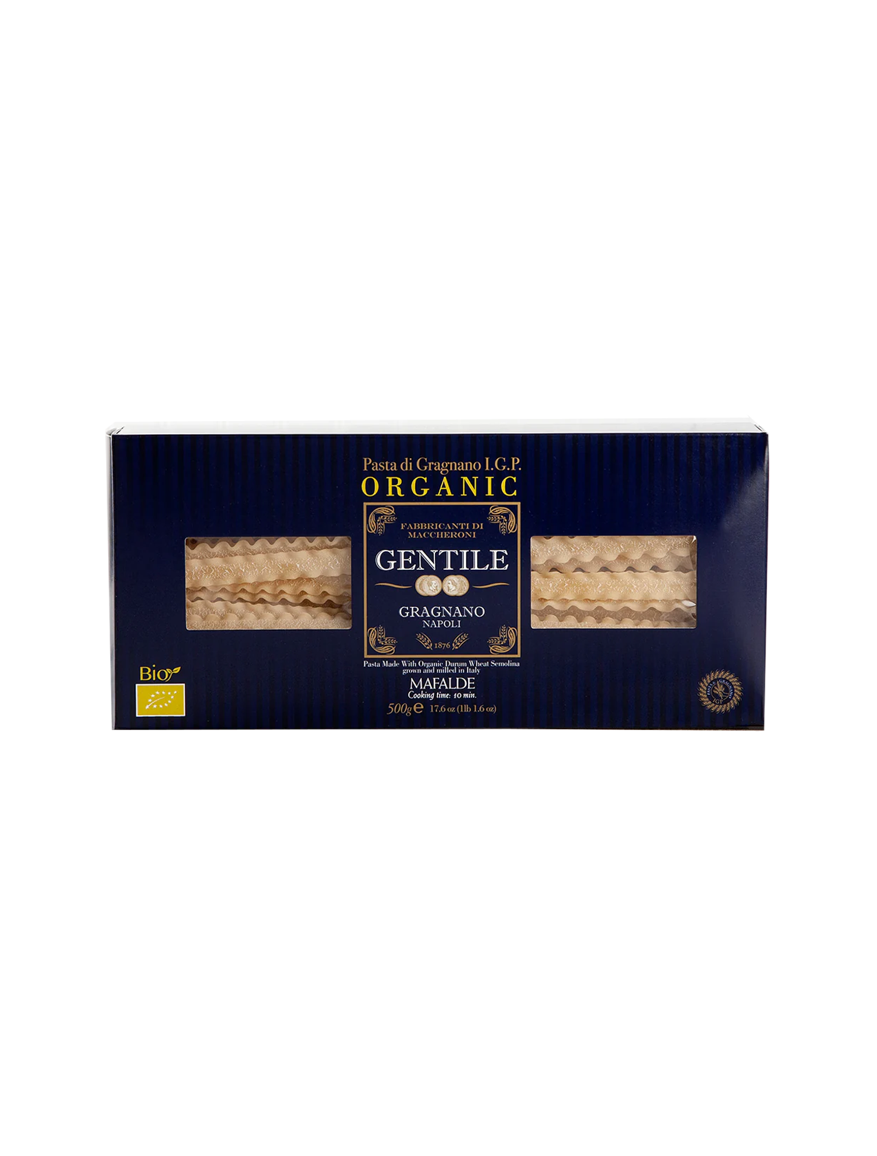 Packaging of Pasta di Gragnano IGP - Mafalde pasta showing the product name and image of the pasta inside.