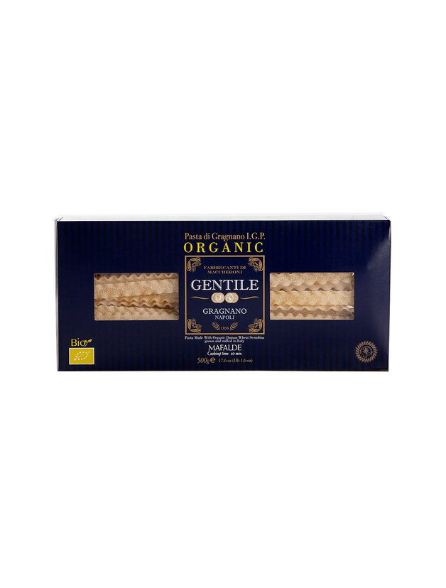 Packaging of Pasta di Gragnano IGP - Mafalde pasta showing the product name and image of the pasta inside.
