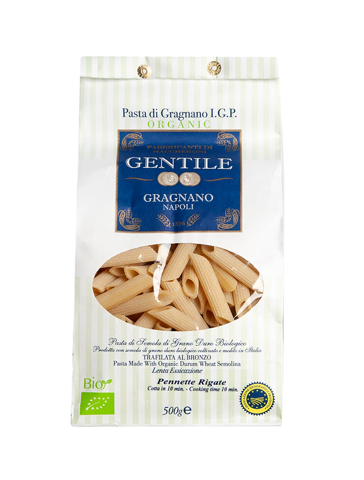 Packaging of Gentile Pasta di Gragnano IGP - Pennette Rigate with visible pasta through a clear window, against a white background.