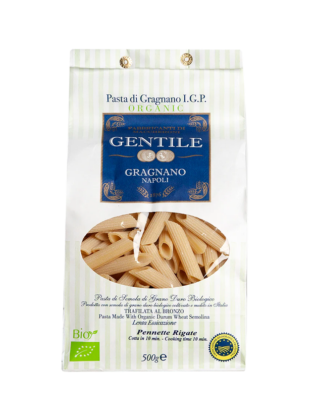 Packaging of Gentile Pasta di Gragnano IGP - Pennette Rigate with visible pasta through a clear window, against a white background.