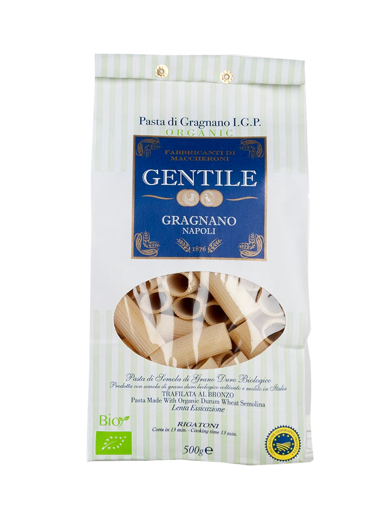 Packaging of Gentile Pasta di Gragnano IGP - Rigatoni with visible pasta through a window, predominantly white and blue colors