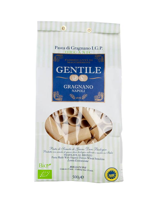 Packaging of Gentile Pasta di Gragnano IGP - Rigatoni with visible pasta through a window, predominantly white and blue colors
