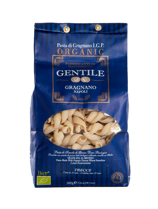 Packaging of Pasta di Gragnano IGP - Trecce pasta showing the product name and a window displaying the braided pasta inside.