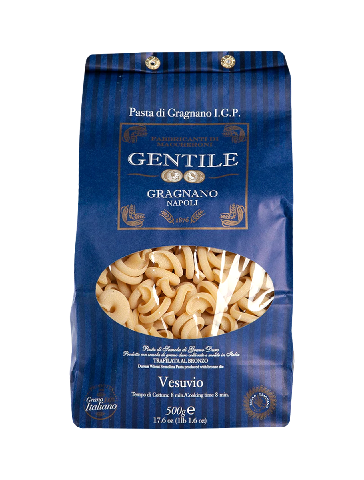Packaging of Gentile Pasta di Gragnano IGP - Vesuvio, showing the pasta inside a transparent window and the brand and product information on a blue background.