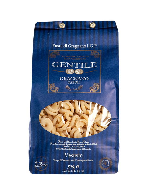 Packaging of Gentile Pasta di Gragnano IGP - Vesuvio, showing the pasta inside a transparent window and the brand and product information on a blue background.