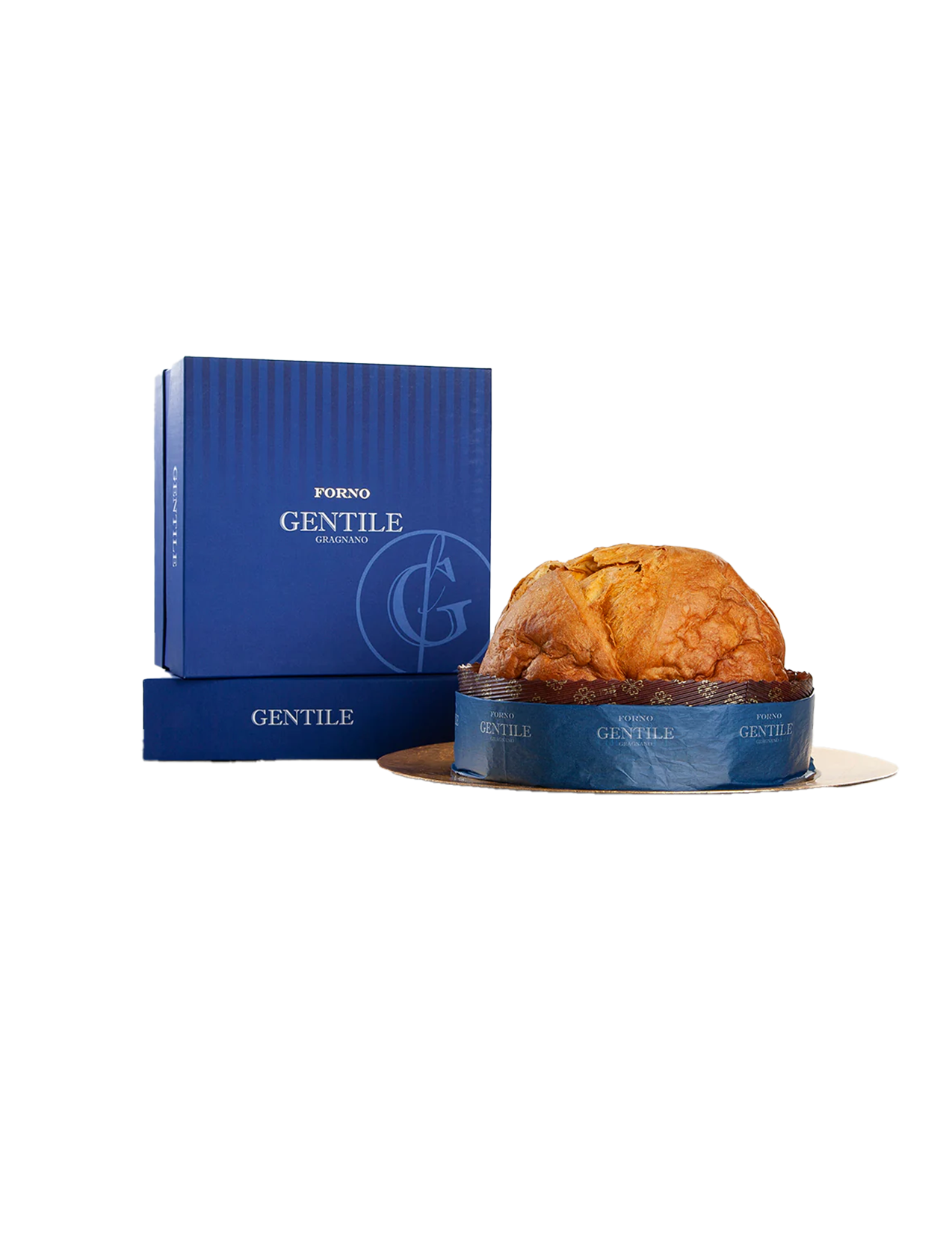 A traditional Italian panettone cake with candied fruits visible on the surface, presented next to its blue packaging box with the brand 'Gentile' written on it.