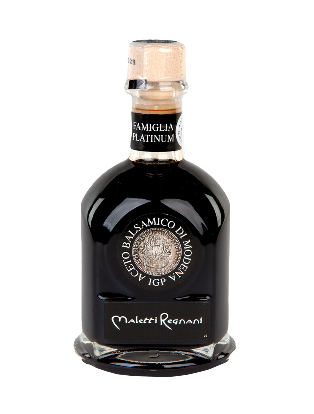 Bottle of Famiglia Platinum Balsamic Vinegar on a white background