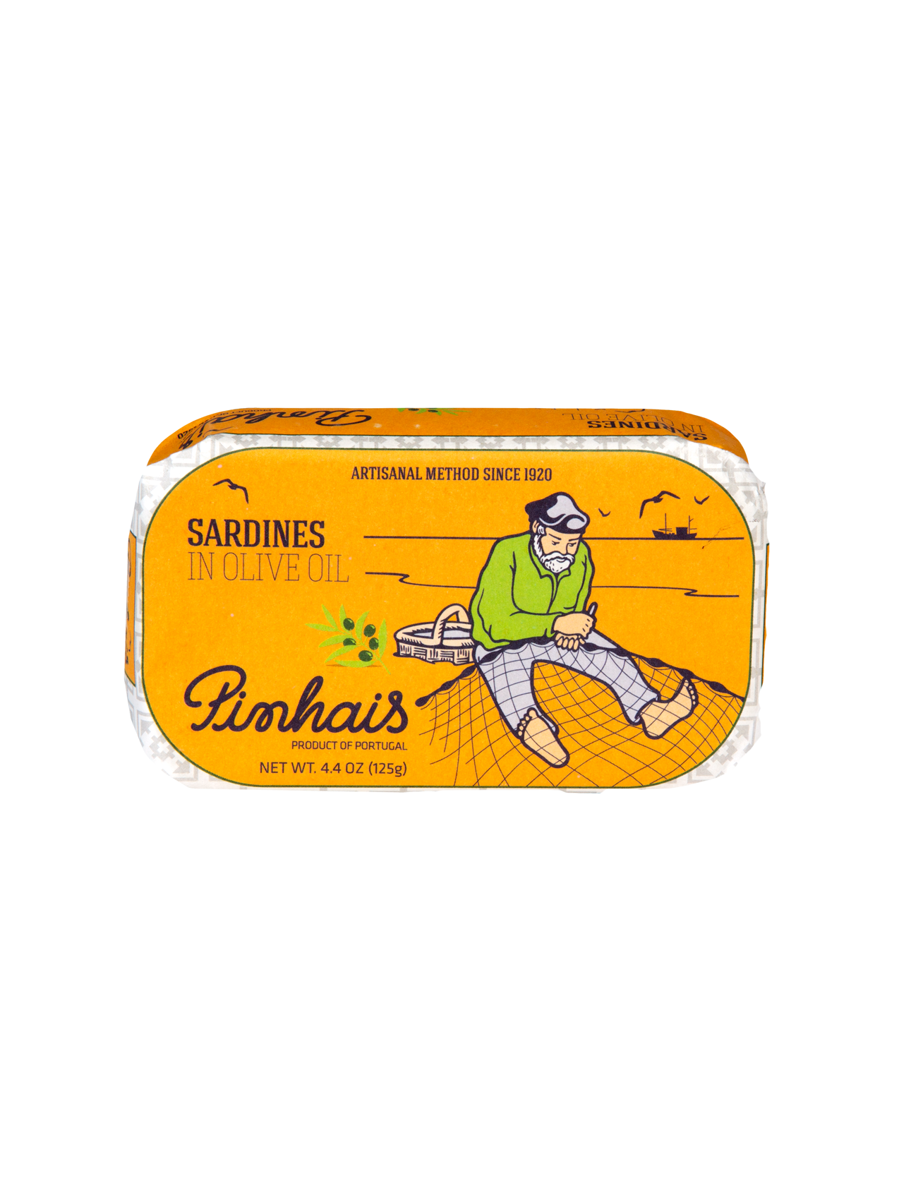 Sardine can with yellow label featuring a fisherman illustration on a white background