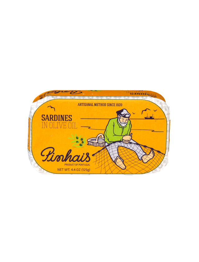 Sardine can with yellow label featuring a fisherman illustration on a white background
