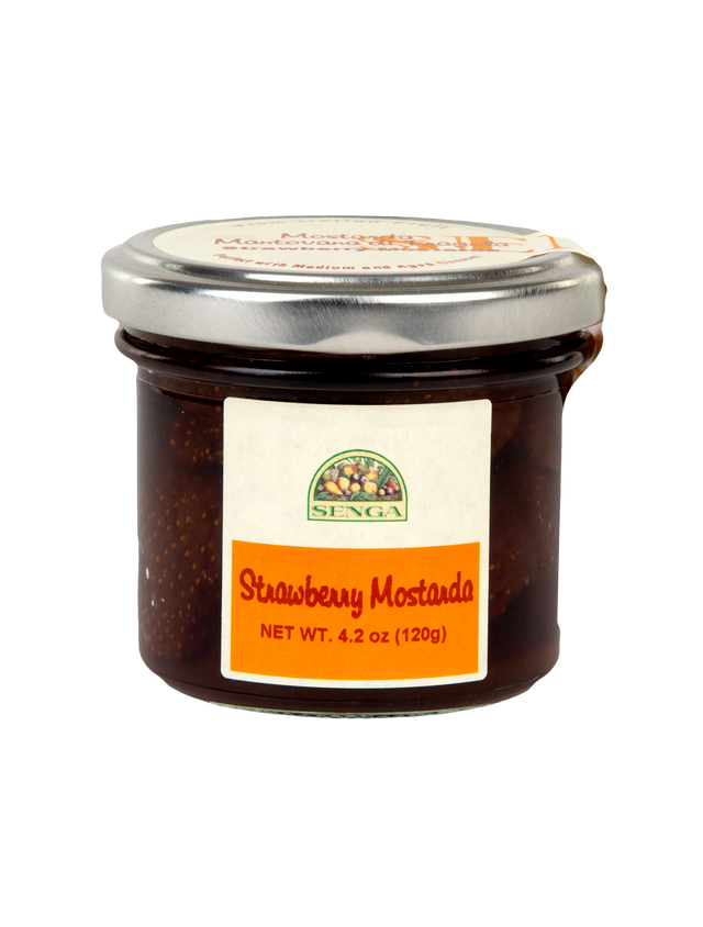 Jar of Senga Strawberry Mostarda on a white background