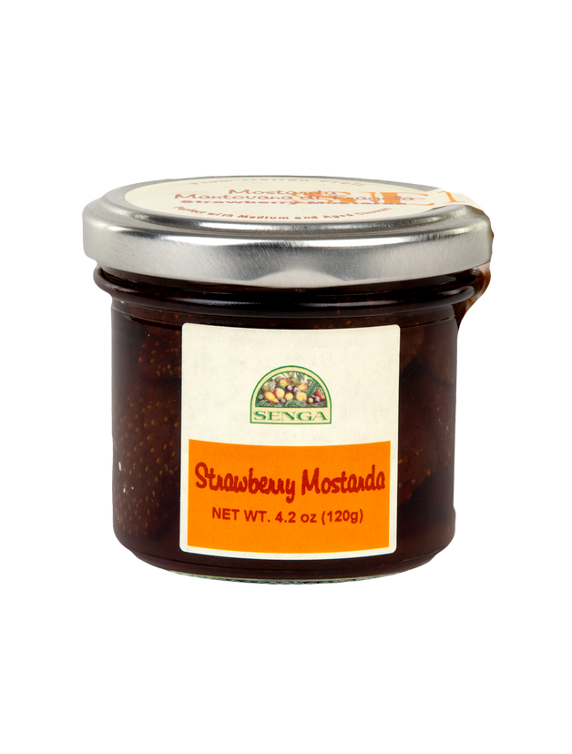 Jar of Senga Strawberry Mostarda on a white background