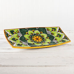 Deruta Geometric Green and Yellow Flower Pattern Rectangle Plate (5 inch x 12 inch)